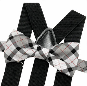 Black and Grey Plaid Bow tie with Black Suspenders
