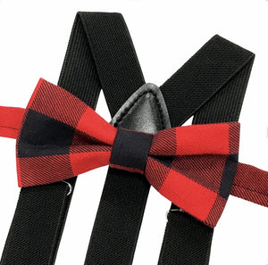 Red Buffalo Plaid Bow tie with Black Suspenders Christmas Set