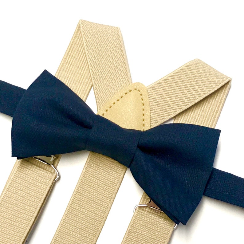 Navy Blue Bow tie with Beige Suspenders