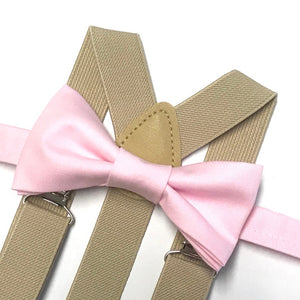 Light Pink Bow tie with Beige Suspenders