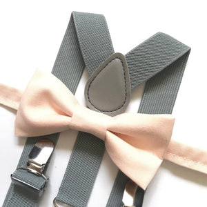 Blush Pink Bow Tie with Light Grey Elastic Suspenders 