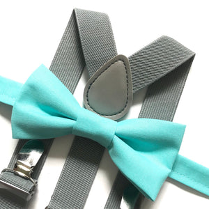 Aqua Bow Tie with Light Grey Suspenders