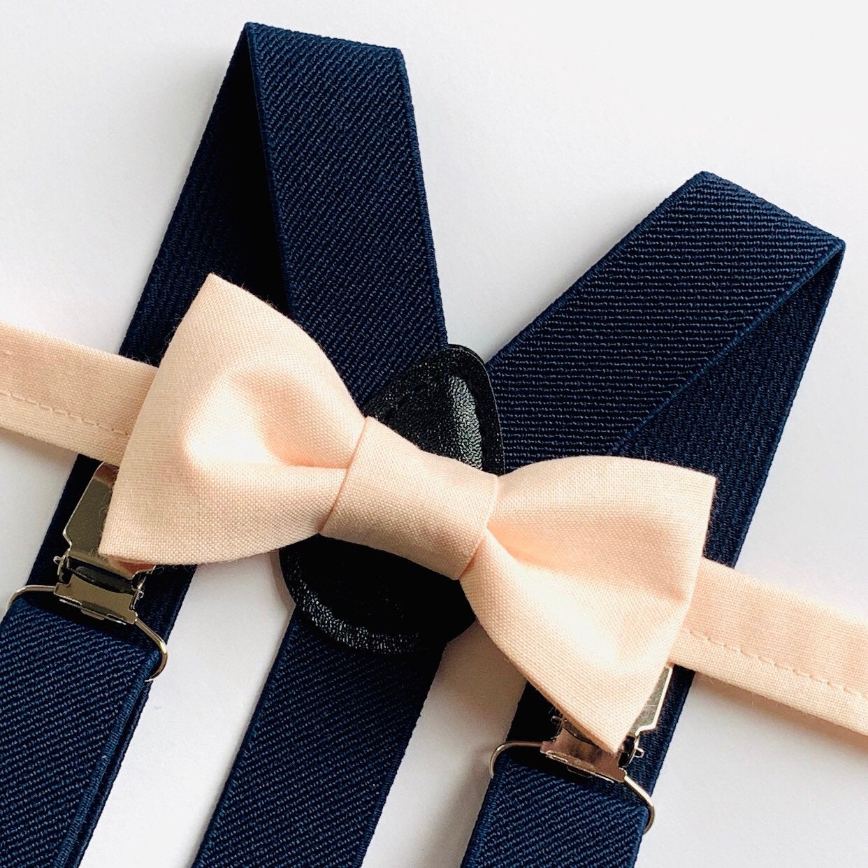 Blush Pink Bow Tie with Navy Blue Elastic Suspenders 