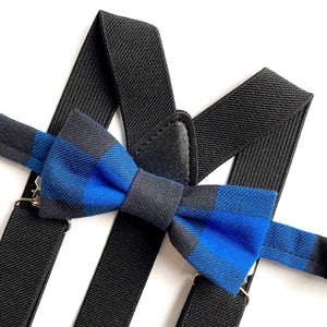 Blue Buffalo Plaid Bow Tie with Black Suspenders