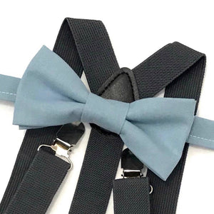 Dusty Blue Bow Tie with Dark Grey Suspenders 